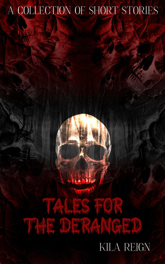 Horror anthology book cover featuring skull imagery, a dark forest background, red typography and layered atmospheric effects.