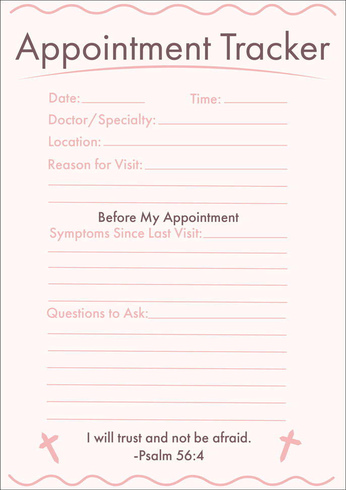 Appointment tracker printable featuring sections for date, time, doctor specialty, location, reason for visit, symptoms since last visit,and questions to ask, with a soft pink and mauve color palette and decorative cross elements.