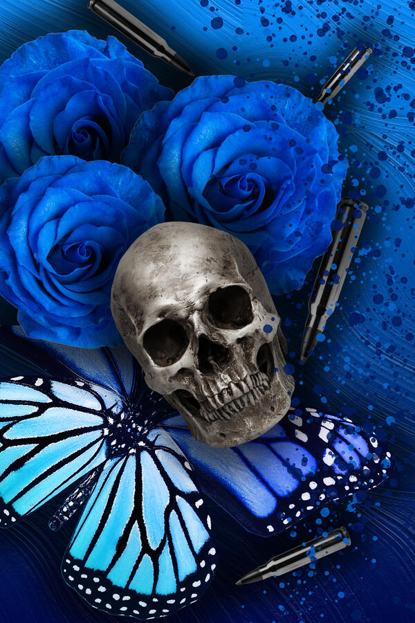 Book cover design featuring a blue butterfly, skull imagery, dark florals and atmospheric textures for a dark romance novel.